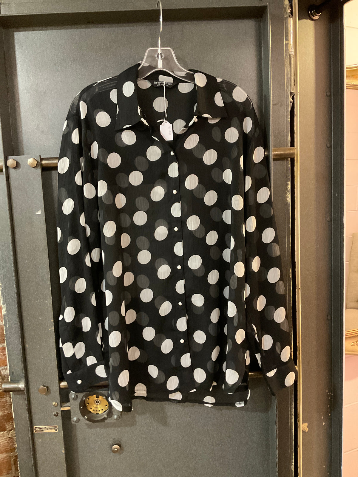 BLACK W/ WHITE POLKA DOTS Tango &amp; mango SHEER LONG SLEEVE SHIRT L