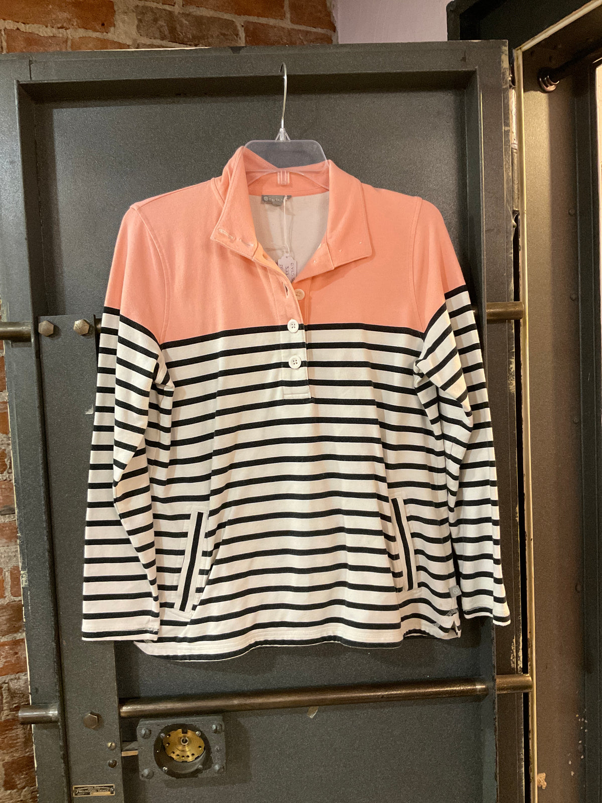 PINK WITH NAVY/WHITE STRIPES TALBOTS FRONT POCKETED LONG SLEEVE SHIRT M