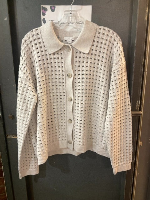 CREAM J JILL OPEN KNIT CROCHET BUTTON DOWN POLO CARDIGAN