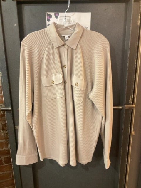 BEIGE J JILL WAFFLE KNIT BUTTON UP SHIRT JACKET WITH COLLAR L