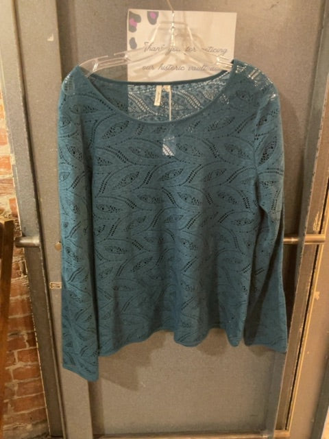 TEAL WILLOW BAY LEAF PATTERNED OPENWORK DESIGN LONG SLEEVE SHIRT L