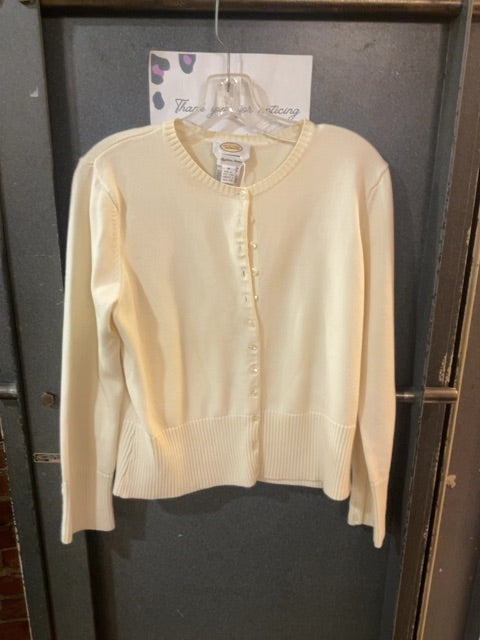 CREAM TALBOTS CREWNECK BUTTOWN DOWN CARDIGAN WITH WIDE RIBBED HEM AND CUFFS M
