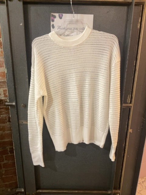 WHITE MONO B SEE THROUGH TEXTURED CREWNECK SWEATER M