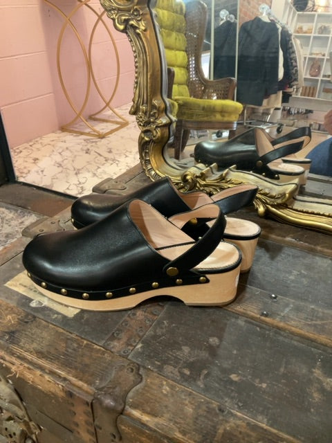 BLACK J CREW LEATHER SLINGBACK WOODEN PLATFORM CLOGS SHOE 8.5