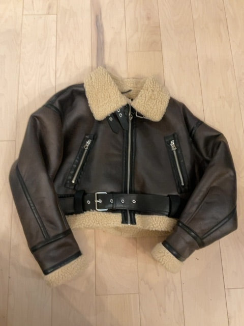 BROWN ZARA FAUX LEATHER SHERPA JACKET M