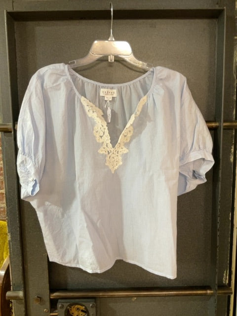 BLUE/WHITE STRIPE VELVET SHORT SLEEVE SHIRT M