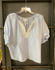 BLUE/WHITE STRIPE VELVET SHORT SLEEVE SHIRT M