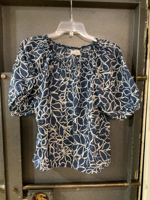 NAVY BLUE FLORAL VELVET SHORT SLEEVE SHIRT M