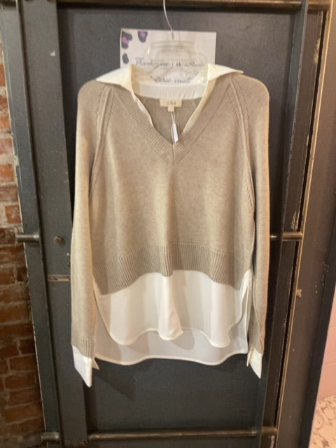 BEIGE/WHITE ELAN  COLLARED SHIRT LAYERED UNDER BEIGE SWEATER