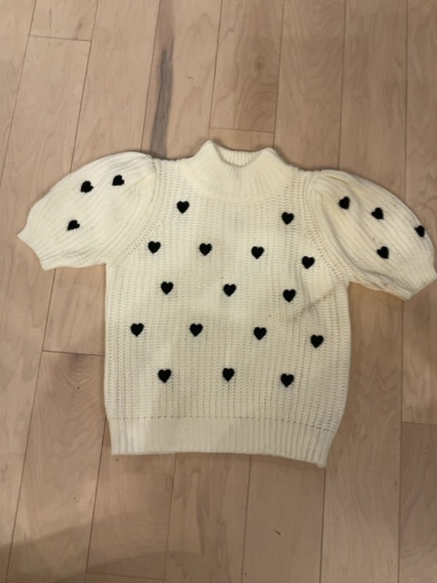 WHT/BLK HEART ENGLISH FACTORY S/S PUFF SWEATER XS
