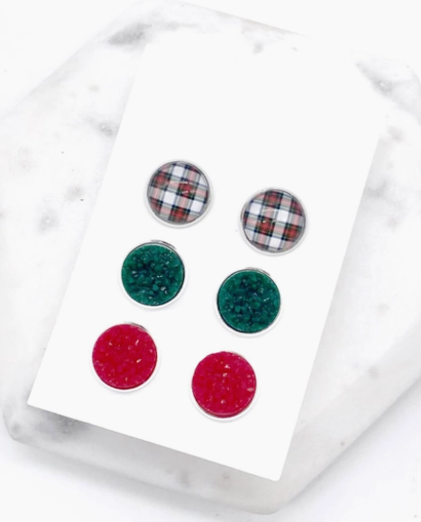 Christmas Plaid Druzy Stud Trio