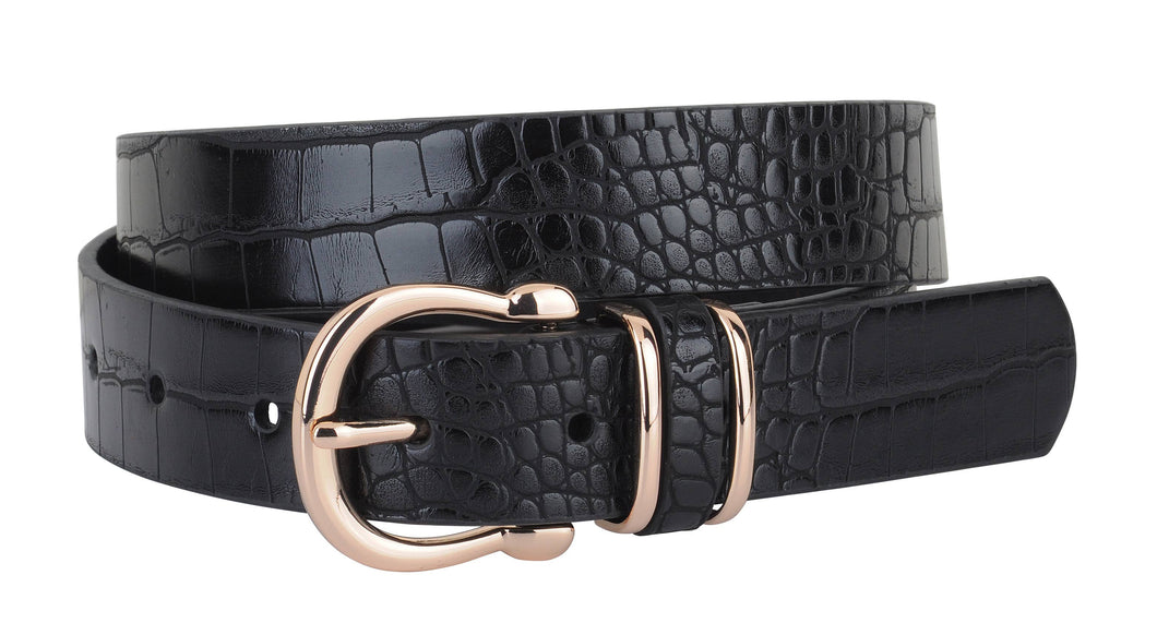 Croc Print Leather Belt - Black