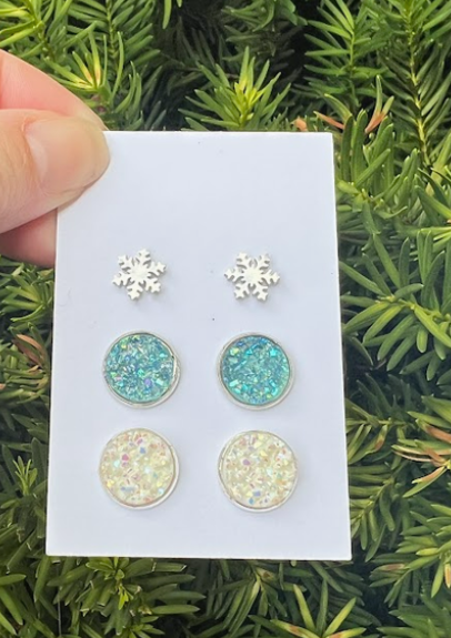 Elsa Frozen Winter Wonderland Snowflake Druzy Stud Trio