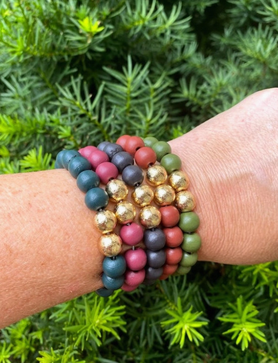 Fall Wood Bead Stretch Bracelet Stack