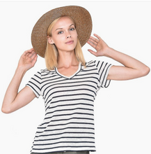 Load image into Gallery viewer, V-Neck Striped Short Sleeve Knit Top
