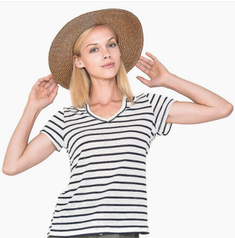 V-Neck Striped Short Sleeve Knit Top