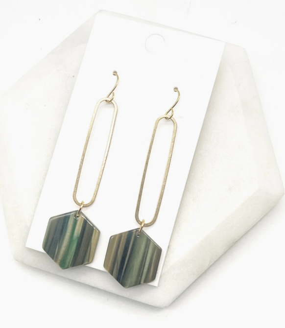 Olive Green Hex Minimalist Earrings
