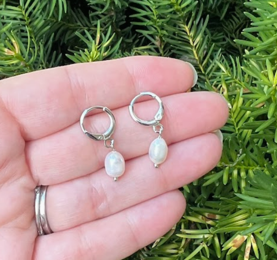 Pearl Silver Huggie Hoops Earrings