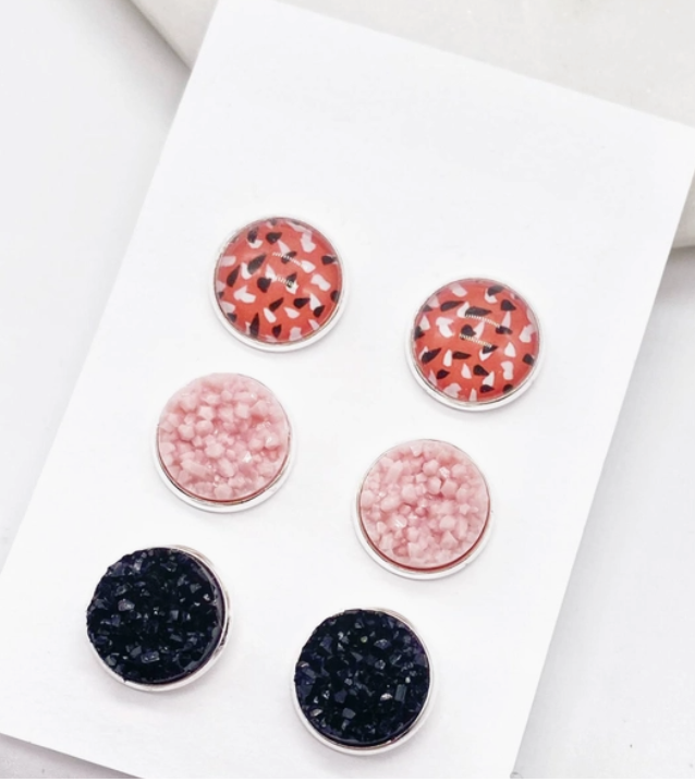 Spotted Pink Druzy Stud Trio